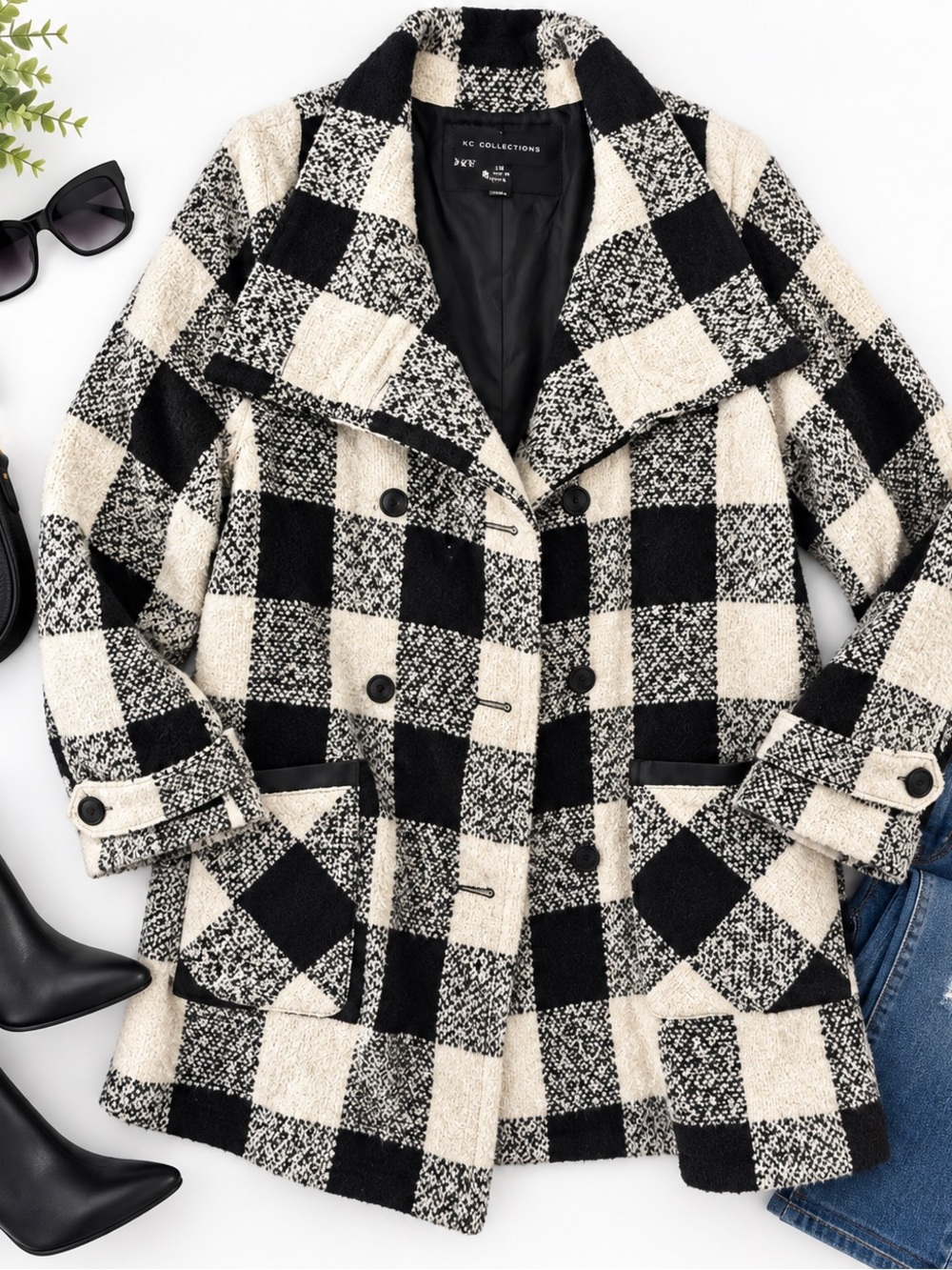 KC Collections Black & Cream Buffalo Plaid Oversized Coat – Size 3X